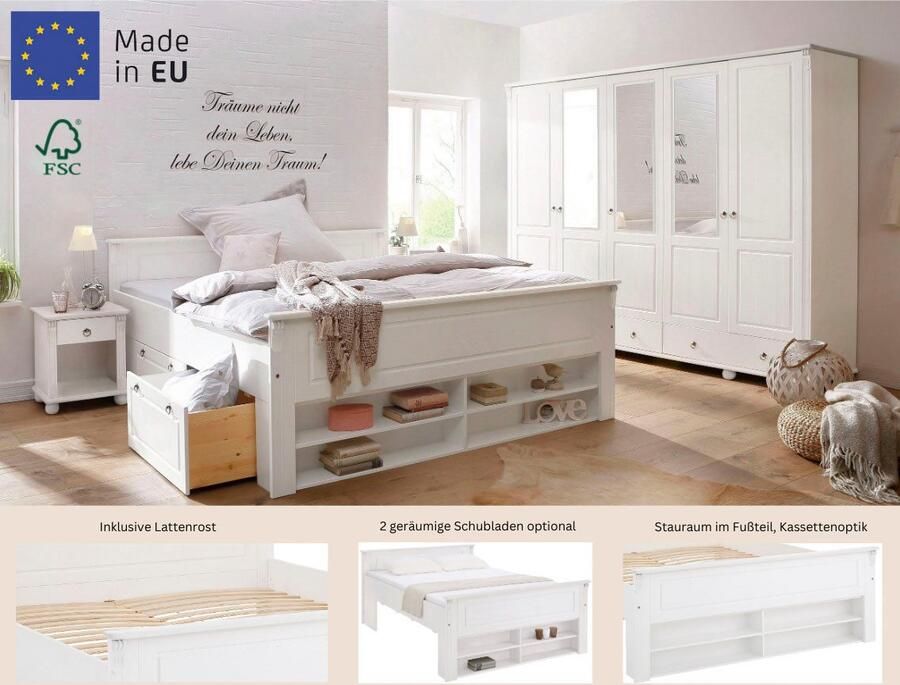 Home affaire Massief houten ledikant Tessin opbergbank landelijke stijl lades optioneel rustiek