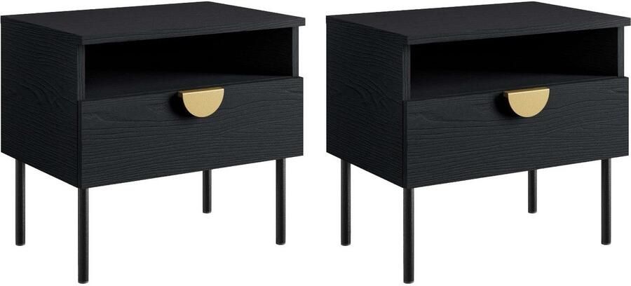 Home affaire Nachtkastje Bellot met 2 lades en goudkleurige metalen handgrepen (set 2 stuks) - Foto 2