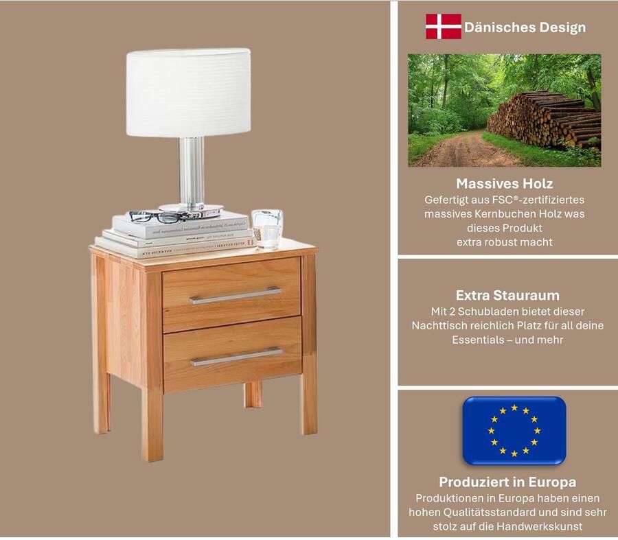 Home affaire Nachtkastje Modesty van massief beukenhout met 2 laden breedte 45 cm