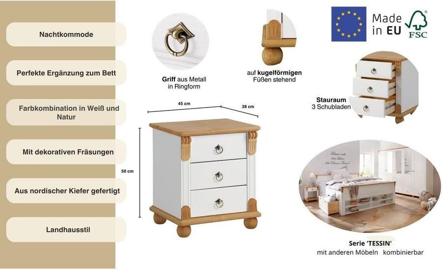 Home affaire Nachtkastje TESSIN van massief fsc -gecertificeerd dennenhout met 3 lades - Foto 9