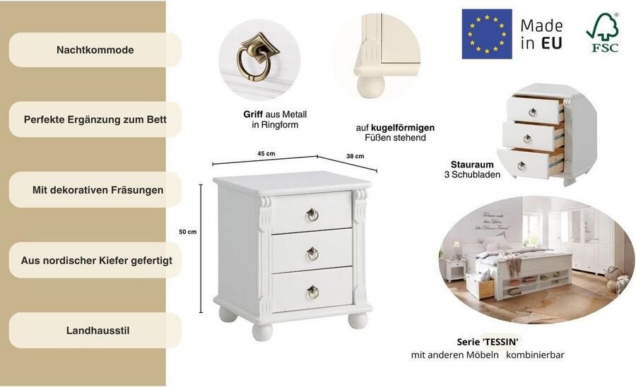 Home affaire Nachtkastje TESSIN van massief fsc -gecertificeerd dennenhout met 3 lades - Foto 9