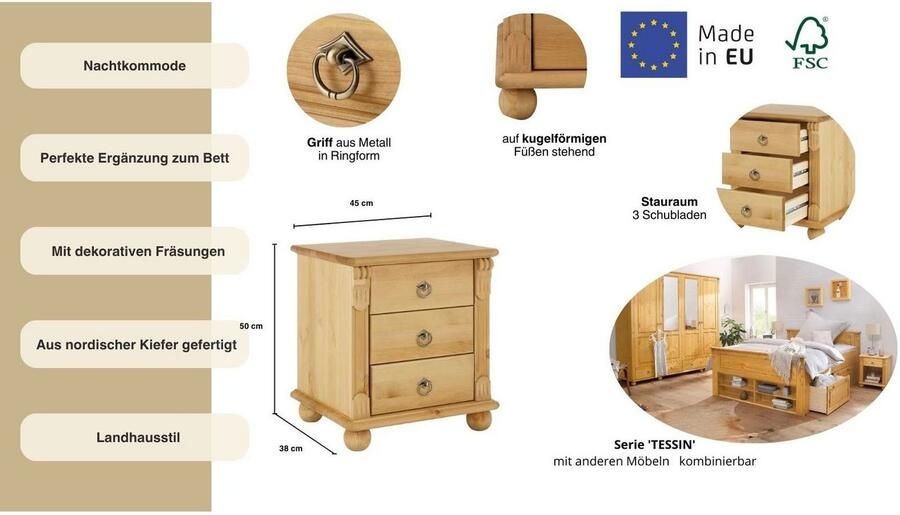 Home affaire Nachtkastje TESSIN van massief fsc -gecertificeerd dennenhout met 3 lades - Foto 13