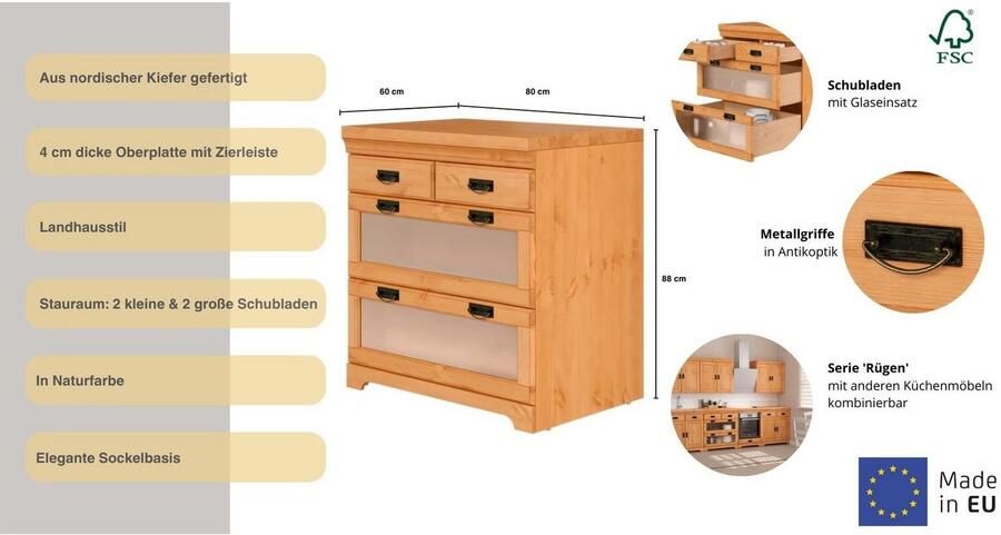 Home affaire Onderkast Rügen Breedte 80 cm massief grenen lades met glas-inzet - Foto 5