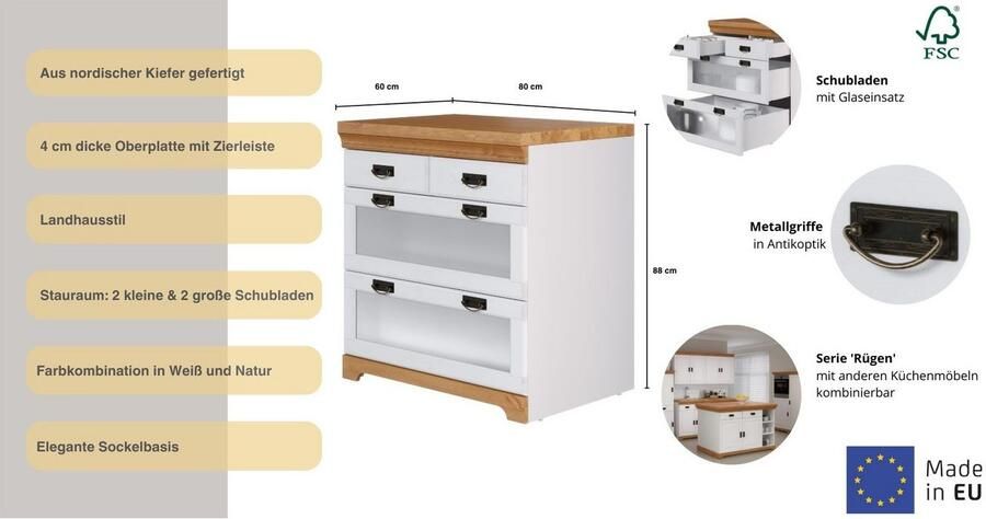 Home affaire Onderkast Rügen Breedte 80 cm massief grenen lades met glas-inzet - Foto 7