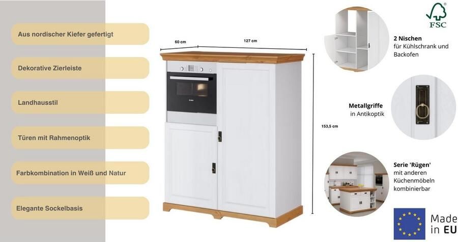 Home affaire Oven- koelkastombouw Rügen Breedte 127 cm massief grenen nis voor koelkast - Foto 5