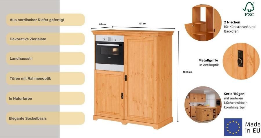 Home affaire Oven- koelkastombouw Rügen Breedte 127 cm massief grenen nis voor koelkast - Foto 6