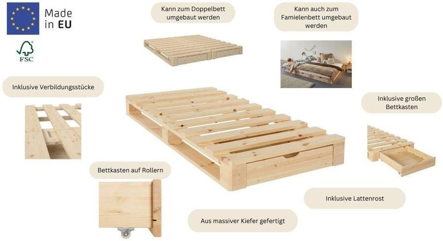 Home affaire Palletbed "ALASCO" BESTSELLER! Met lade gecertificeerd massief hout uit te breiden tot tweepersoons- of familiebed - Foto 12
