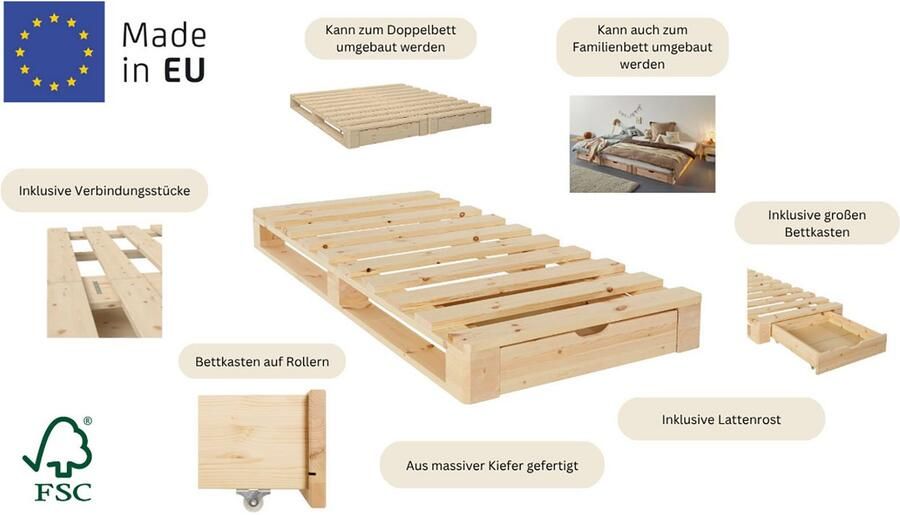 Home affaire Palletbed ALASCO BESTSELLER! Met lade gecertificeerd massief hout uit te breiden tot tweepersoons- of familiebed - Foto 11