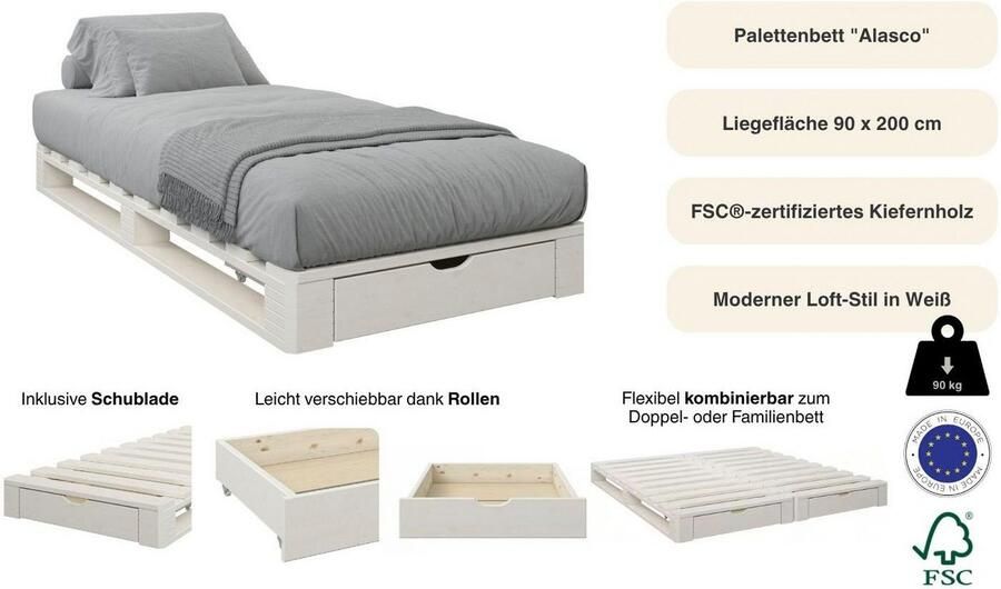 Home affaire Palletbed ALASCO BESTSELLER! Met lade gecertificeerd massief hout uit te breiden tot tweepersoons- of familiebed - Foto 10