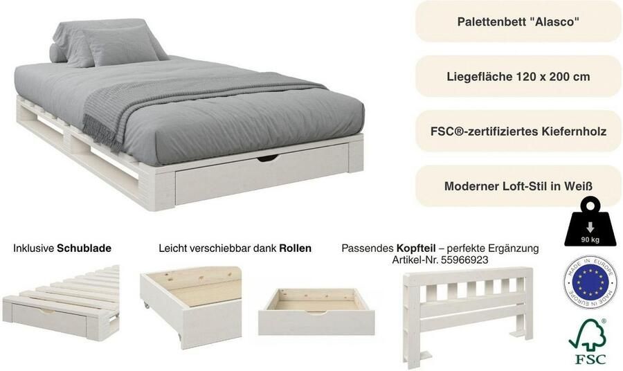Home affaire Palletbed ALASCO BESTSELLER! Met lade gecertificeerd massief hout uit te breiden tot tweepersoons- of familiebed - Foto 2