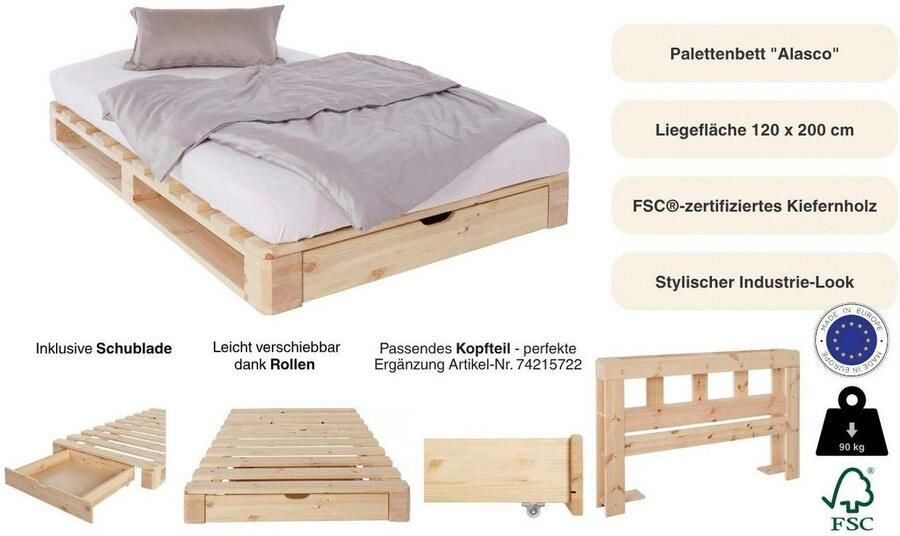 Home affaire Palletbed ALASCO BESTSELLER! Met lade gecertificeerd massief hout uit te breiden tot tweepersoons- of familiebed - Foto 7
