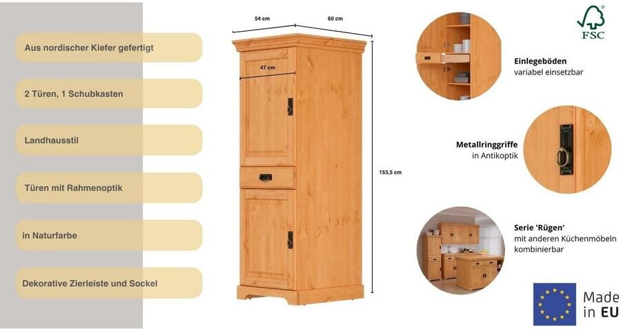 Home affaire Provisiekast Rügen Breedte 47 cm massief grenen 2 deuren 1 lade - Foto 3