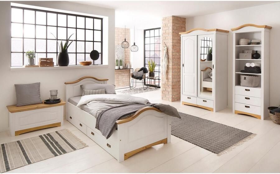 Home affaire Massief houten ledikant Konrad opbergbank messing handgrepen rustieke landelijke stijl