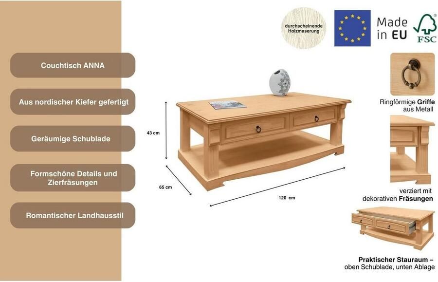 Home affaire Salontafel ANNA met 2 lades van massief grenen - Foto 2