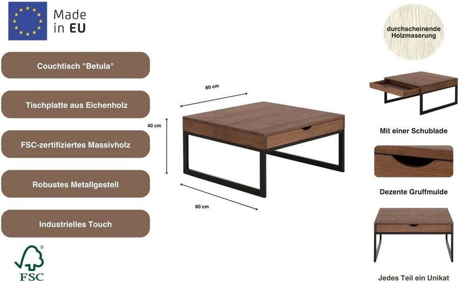 Home affaire Salontafel BETULA gecertificeerd massief hout (eiken) in 3 verschillende kleurvarianten - Foto 6