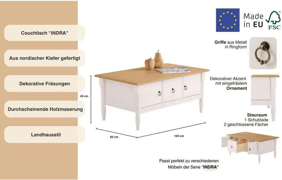 Home affaire Salontafel Indra van massief dennenhout fsc met opbergruimte discreet ornament - Foto 8