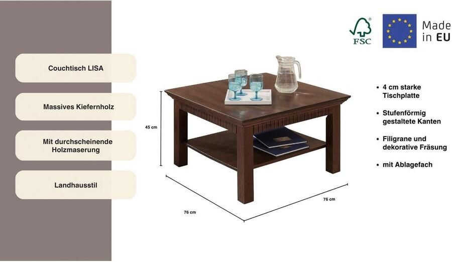 Home affaire Salontafel Lisa Koffietafel massief grenenhout B D H: 76x76x45 cm - Foto 2