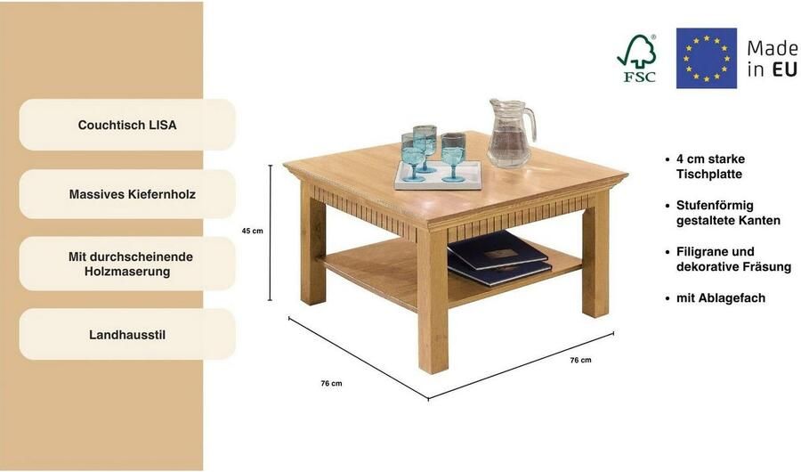 Home affaire Salontafel Lisa Koffietafel massief grenenhout B D H: 76x76x45 cm - Foto 3