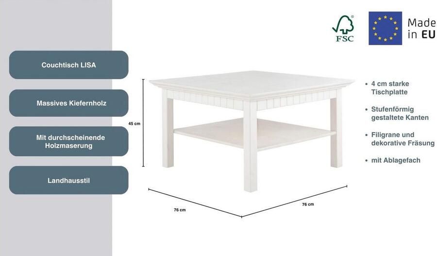 Home affaire Salontafel Lisa Koffietafel massief grenenhout B D H: 76x76x45 cm - Foto 3