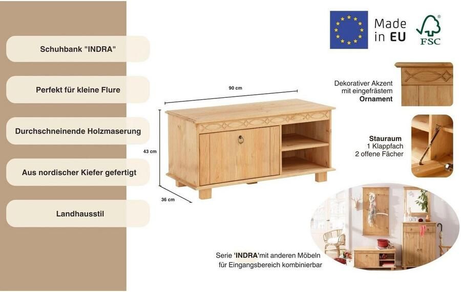 Home affaire Schoenenbank Indra van massief dennenhout fsc breedte 90 cm discreet ornament - Foto 7