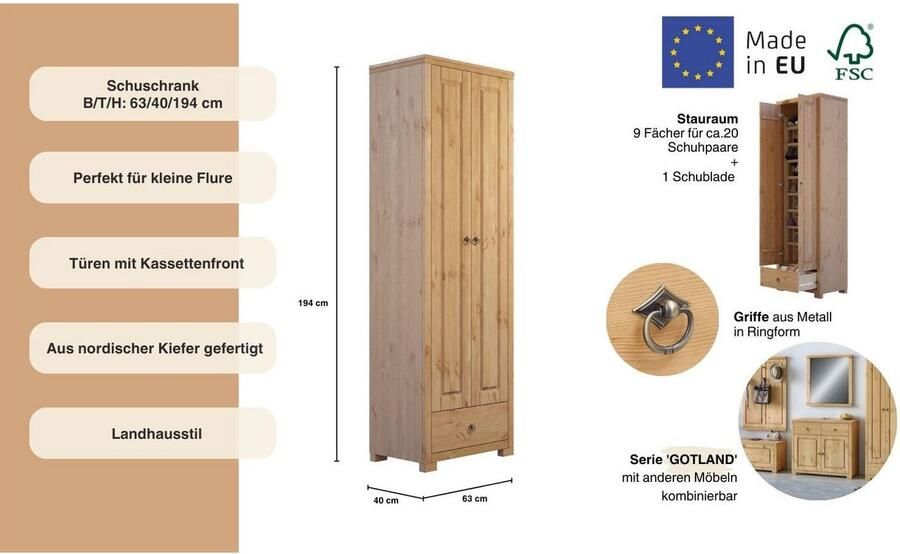 Home affaire Schoenenkast Gotland van massief grenen fsc -gecertificeerd hoogte 193 cm - Foto 2