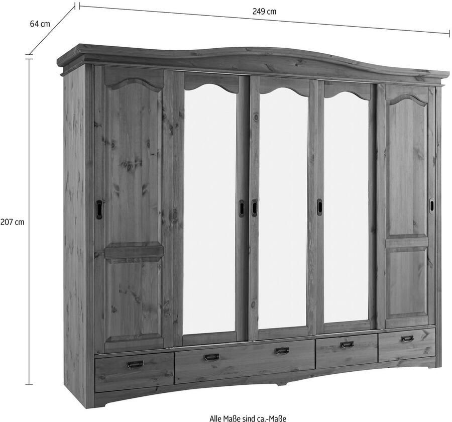 Home affaire Schuifdeurkast Konrad landelijke stijl rustiek met lades + spiegel kassettes massief dennenhout fsc -gecertificeerd messing handgrepen verschillende varianten