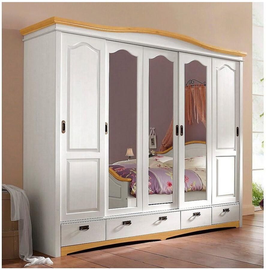 Home affaire Schuifdeurkast Konrad landelijke stijl rustiek met lades + spiegel kassettes massief dennenhout fsc -gecertificeerd messing handgrepen verschillende varianten