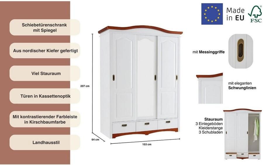 Home affaire Schuifdeurkast Konrad landelijke stijl rustiek met lades + spiegel kassettes massief dennenhout fsc -gecertificeerd messing handgrepen verschillende varianten - Foto 14