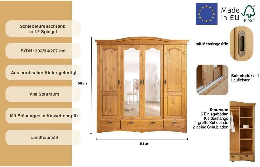 Home affaire Schuifdeurkast Konrad landelijke stijl rustiek met lades + spiegel kassettes massief dennenhout fsc -gecertificeerd messing handgrepen verschillende varianten - Foto 9