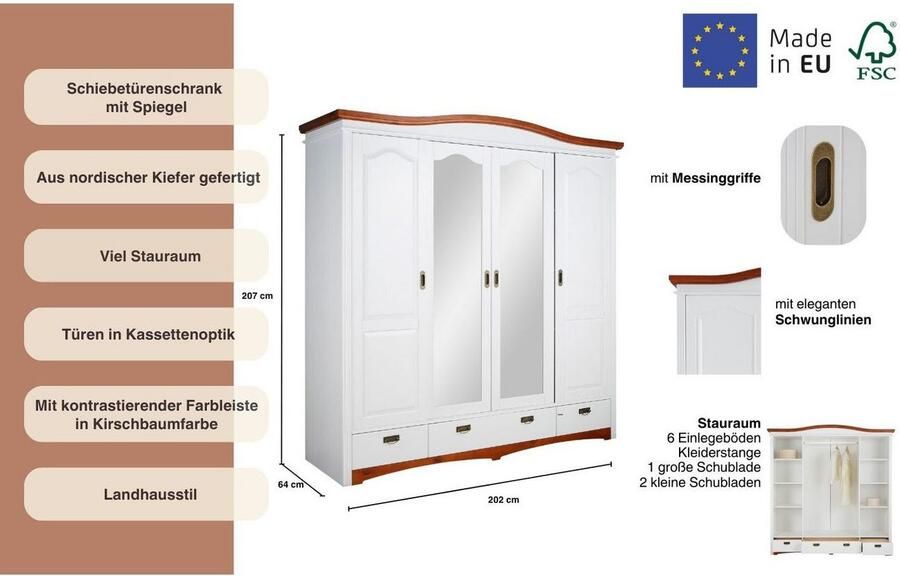 Home affaire Schuifdeurkast Konrad landelijke stijl rustiek met lades + spiegel kassettes massief dennenhout fsc -gecertificeerd messing handgrepen verschillende varianten - Foto 12