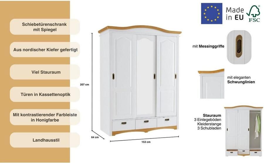 Home affaire Schuifdeurkast Konrad landelijke stijl rustiek met lades + spiegel kassettes massief dennenhout fsc -gecertificeerd messing handgrepen verschillende varianten - Foto 12