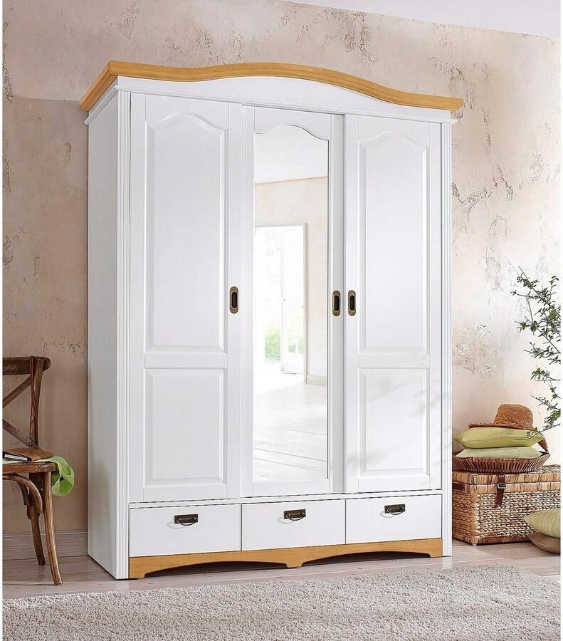 Home affaire Schuifdeurkast Konrad landelijke stijl rustiek met lades + spiegel kassettes massief dennenhout fsc -gecertificeerd messing handgrepen verschillende varianten