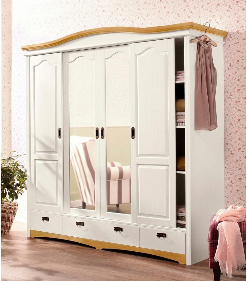 Home affaire Schuifdeurkast Konrad landelijke stijl rustiek met lades + spiegel kassettes massief dennenhout fsc -gecertificeerd messing handgrepen verschillende varianten - Foto 5