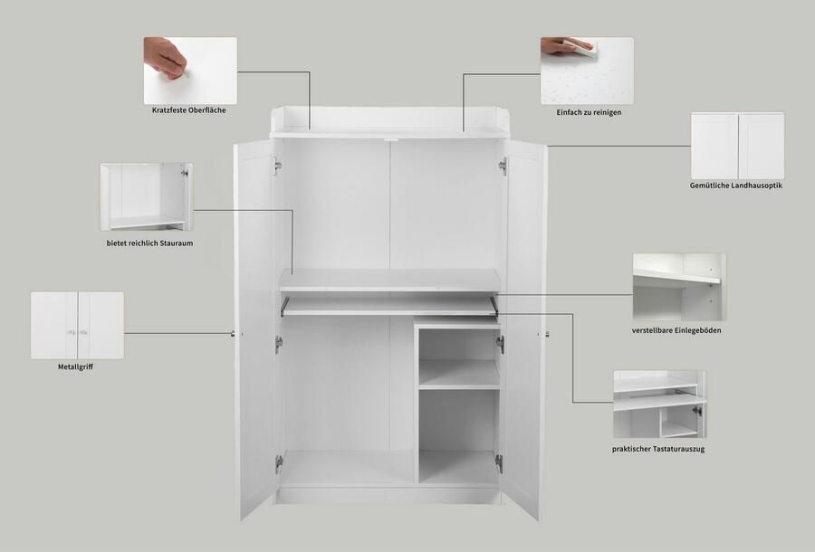 Home affaire Secretaire Aalborg PC-kast in landelijke stijl toetsenborduitgang opbergruimte 80x134 5 cm - Foto 5