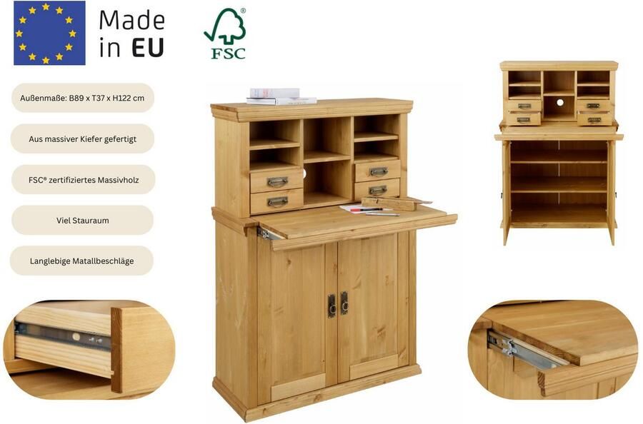 Home affaire Secretaire Konrad Bureau van massief hout met veel opbergruimte B89 x H122 cm - Foto 7