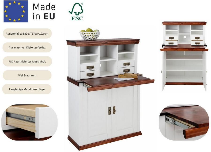Home affaire Secretaire Konrad Bureau van massief hout met veel opbergruimte B89 x H122 cm