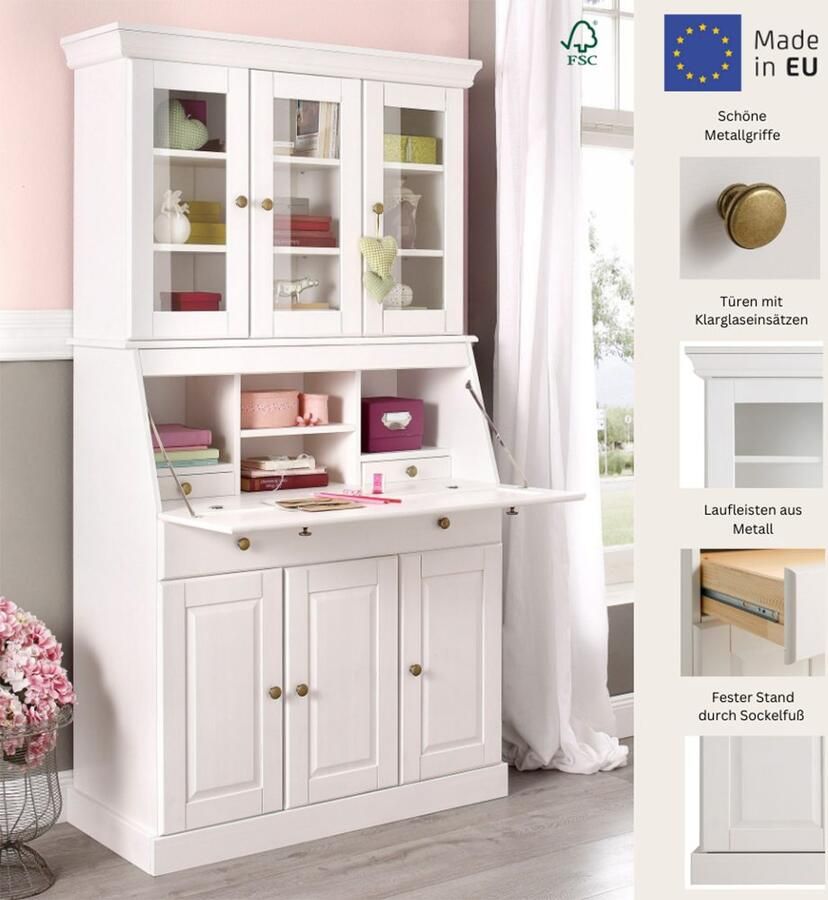 Home affaire Secretaire Rosi in landelijke stijl Bureau van massief hout met vitrine in 2 breedtes