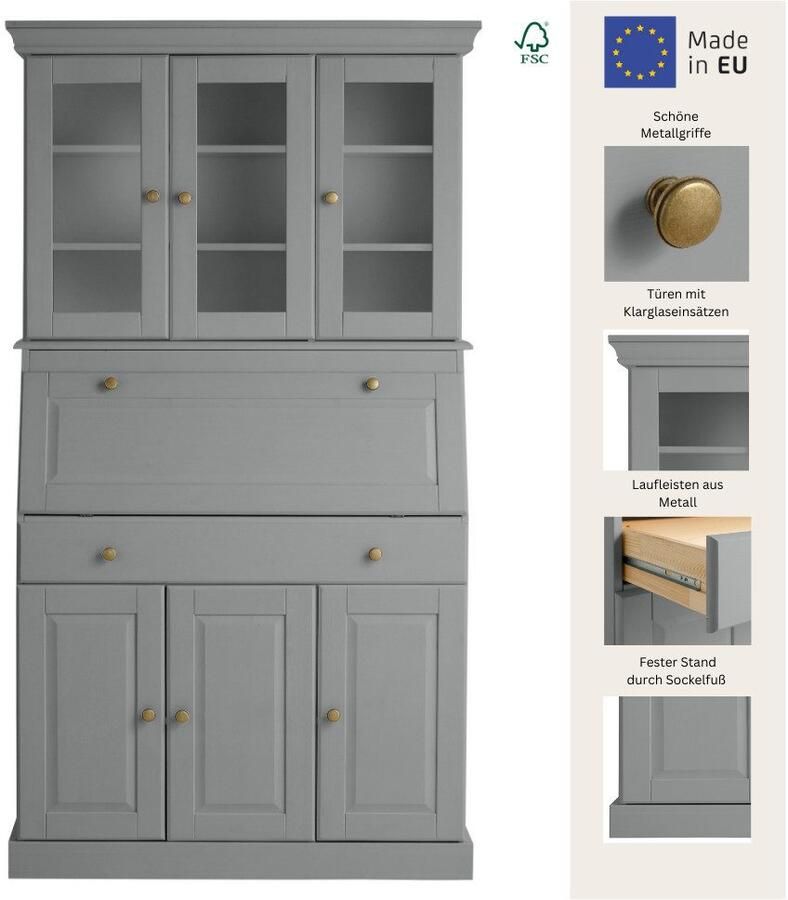 Home affaire Secretaire Rosi in landelijke stijl Bureau van massief hout met vitrine in 2 breedtes - Foto 2