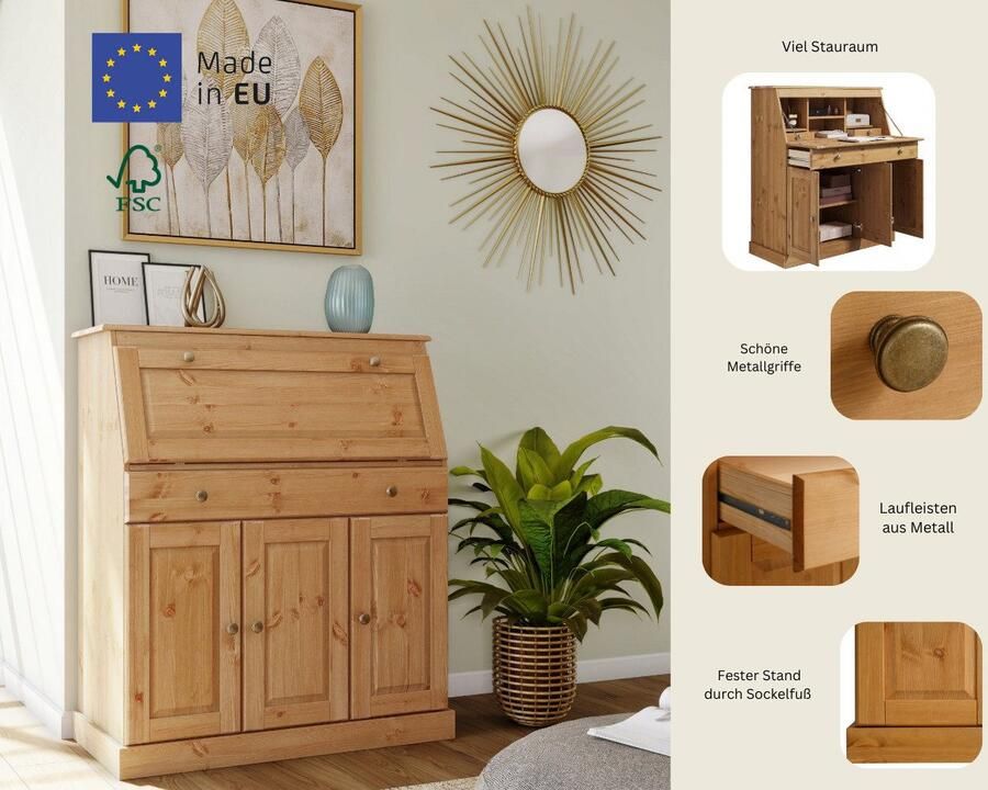 Home affaire Secretaire Rossi gemaakt van massief dennenhout variabel verstelbare inlegplanken breedte 97 cm - Foto 3