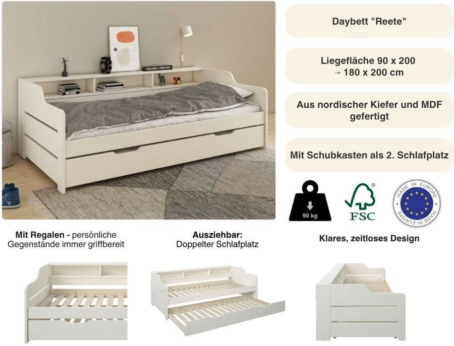 Home affaire Slaapbank REETE1 opbergruimte functioneel bed kinderbed inclusief lade met planken fsc gecertificeerd massief hout (dennen) landhuisstijl - Foto 2