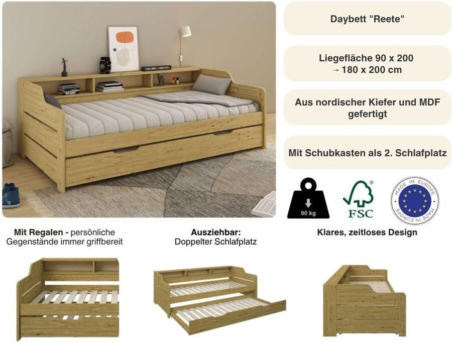 Home affaire Slaapbank REETE1 opbergruimte functioneel bed kinderbed inclusief lade met planken fsc gecertificeerd massief hout (dennen) landhuisstijl - Foto 4
