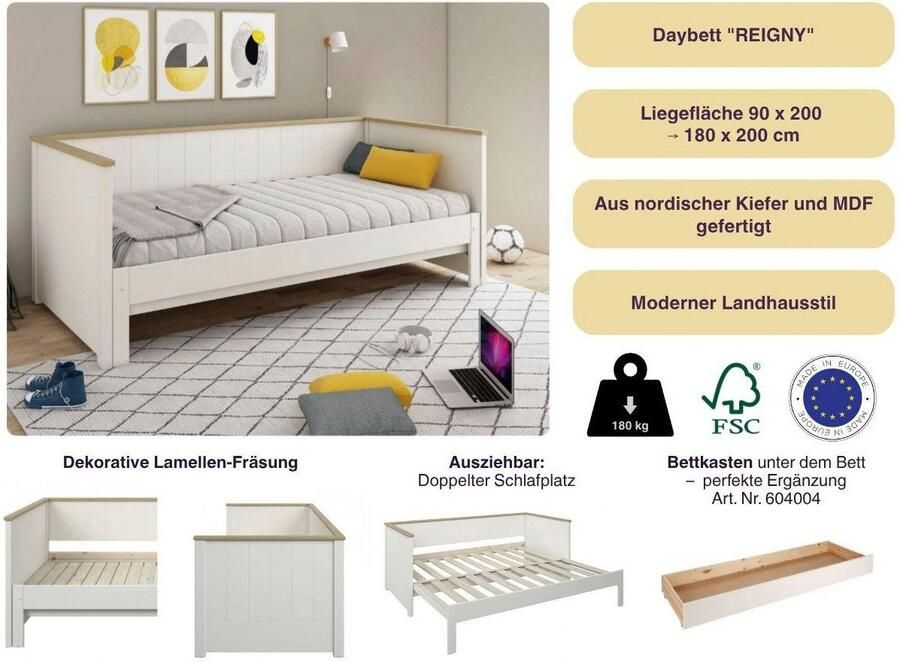 Home affaire Slaapbank REIGNY kinderbed logeerbed twee slaapplekken Massief hout panelen Design landelijke stijl optionele lade - Foto 5