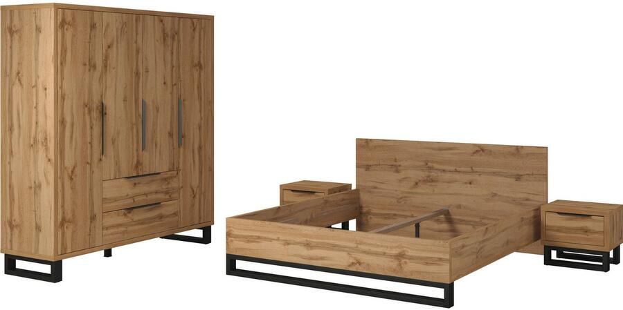 Home affaire Slaapkamerserie Bronne compleet slaapkamer (Set 4-St) Slaapkamer set kast 191 cm breed 2 nachtkastjes bed 180 200 cm - Foto 4