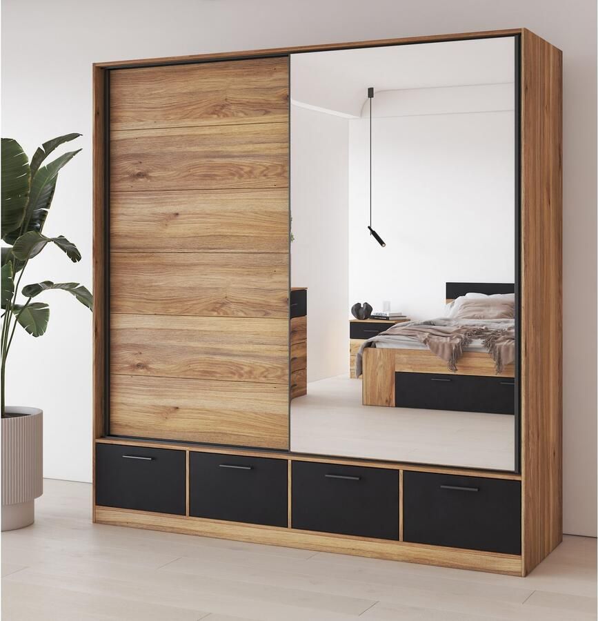 Home affaire Slaapkamerserie Faweza Set van 4 (Bed 180 cm 2xNako Schuifdeurkast)