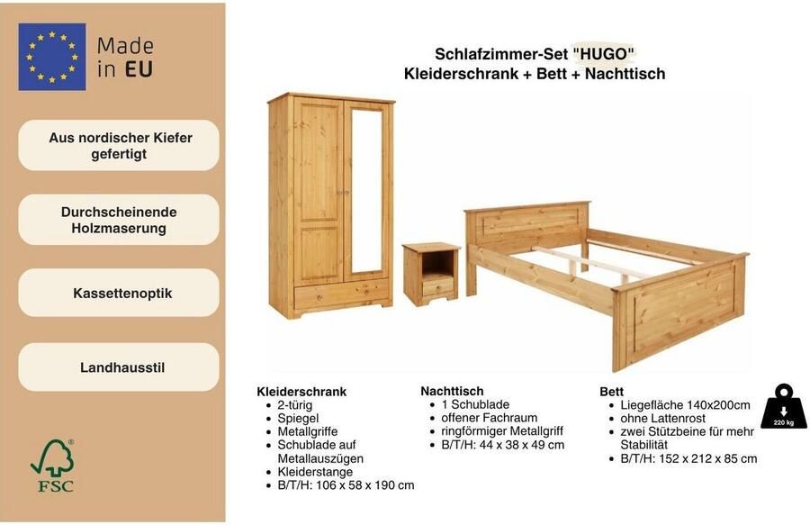 Home affaire Slaapkamerserie Hugo Bed 140 x 200 cm 2-deurs kledingkast en 1 nachtkastje (set 3-delig) - Foto 3