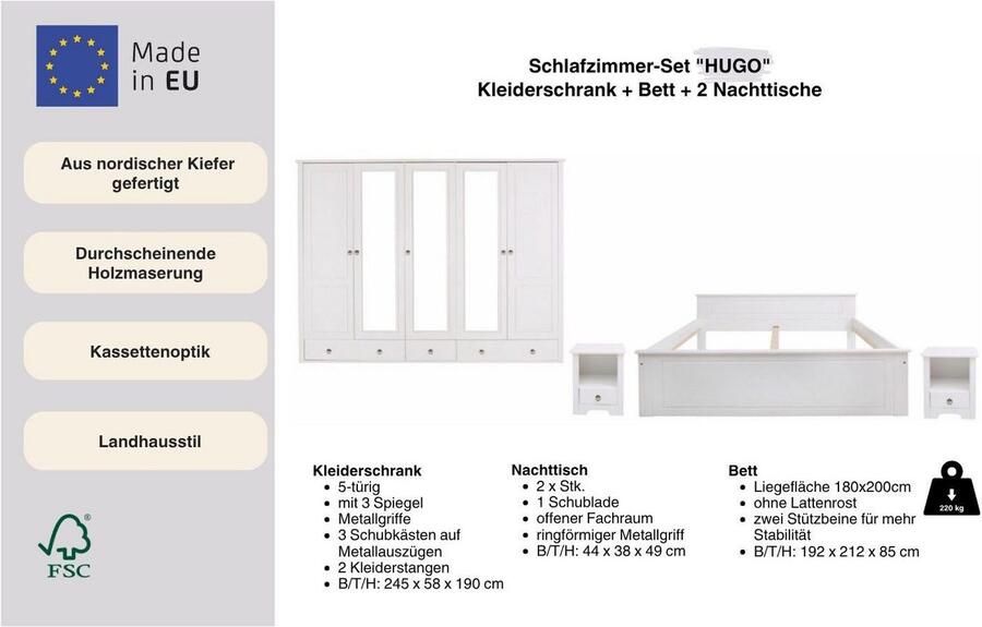 Home affaire Slaapkamerserie Hugo Bed 180 x 200 cm 5-deurs kledingkast en 2 nachtkastjes (set 4-delig) - Foto 4