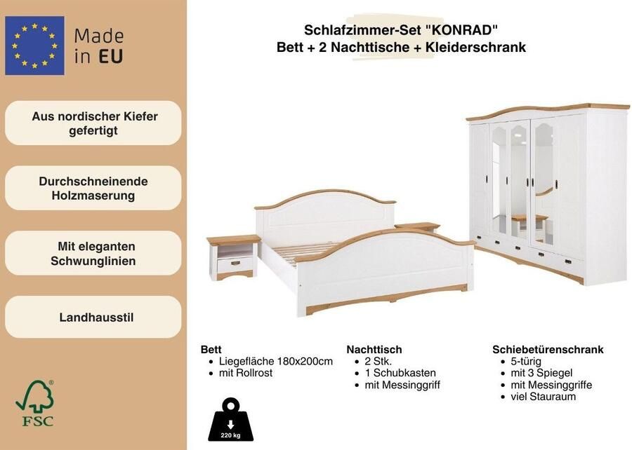 Home affaire Slaapkamerserie "Konrad" complete slaapkamerset met grote kast met 5-deurs kledingkast bed 180x200 cm en 2 nachtkastjes (set 4-delig) - Foto 2