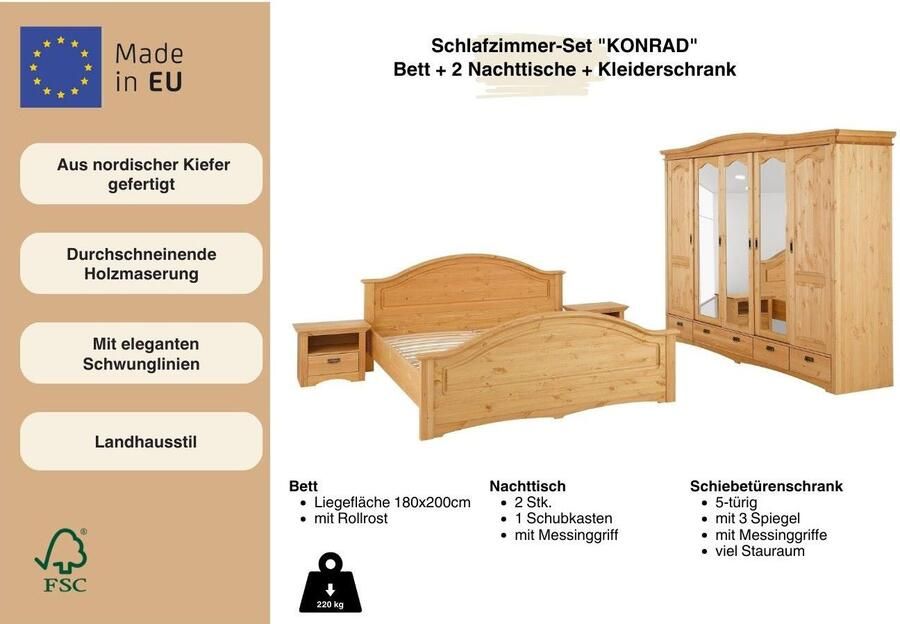 Home affaire Slaapkamerserie "Konrad" complete slaapkamerset met grote kast met 5-deurs kledingkast bed 180x200 cm en 2 nachtkastjes (set 4-delig) - Foto 3