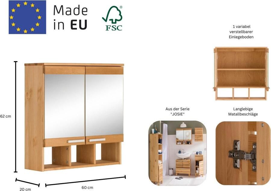 Home affaire Spiegelkast Josie Breedte 60 cm van massief hout verstelbare plank metalen grepen - Foto 6