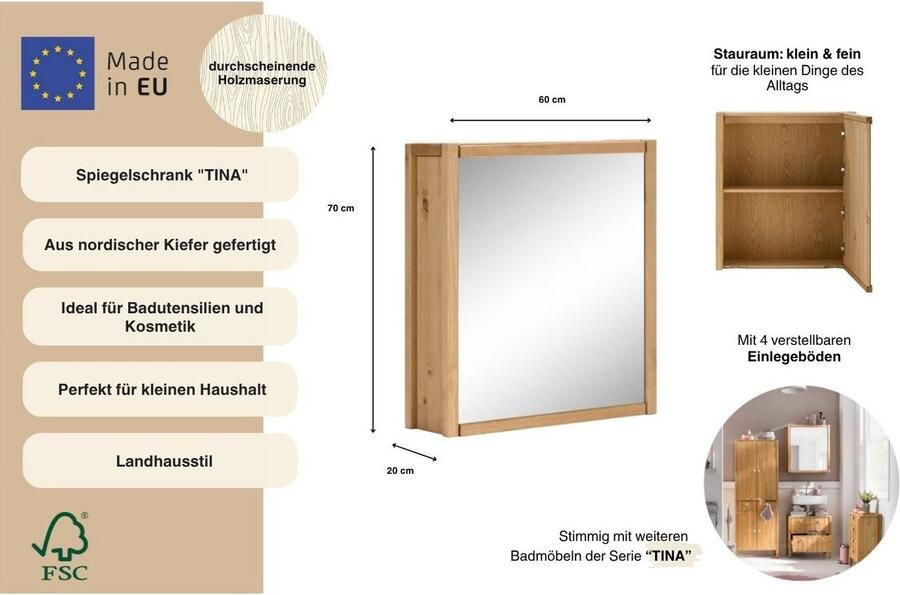 Home affaire Spiegelkast TINA Badkamermeubel spiegel breedte 61 5 cm massief hout - Foto 4